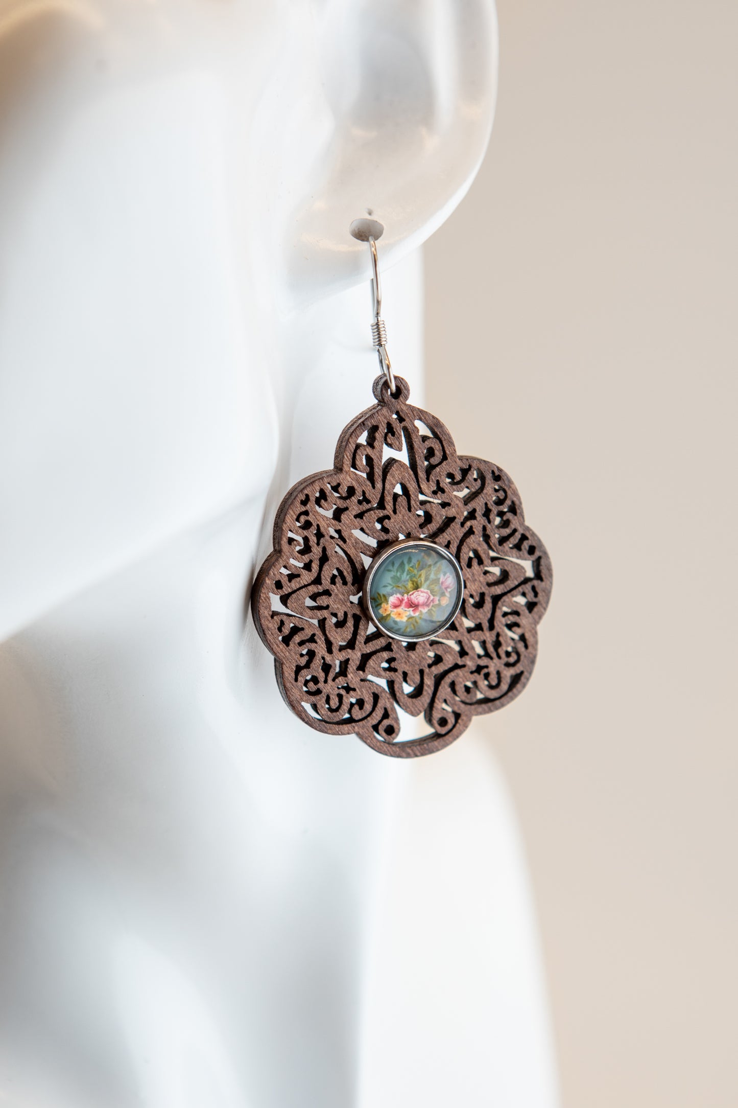 Pink Peonies in Blue Wooden Earrings