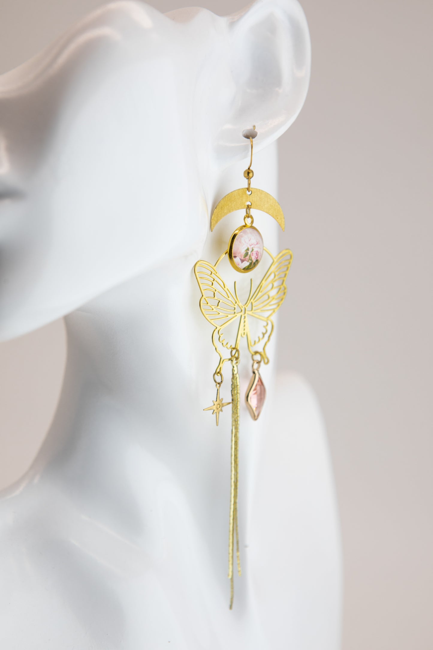 Pink Rose Transcendent Butterfly Art Nouveau Brass Earrings