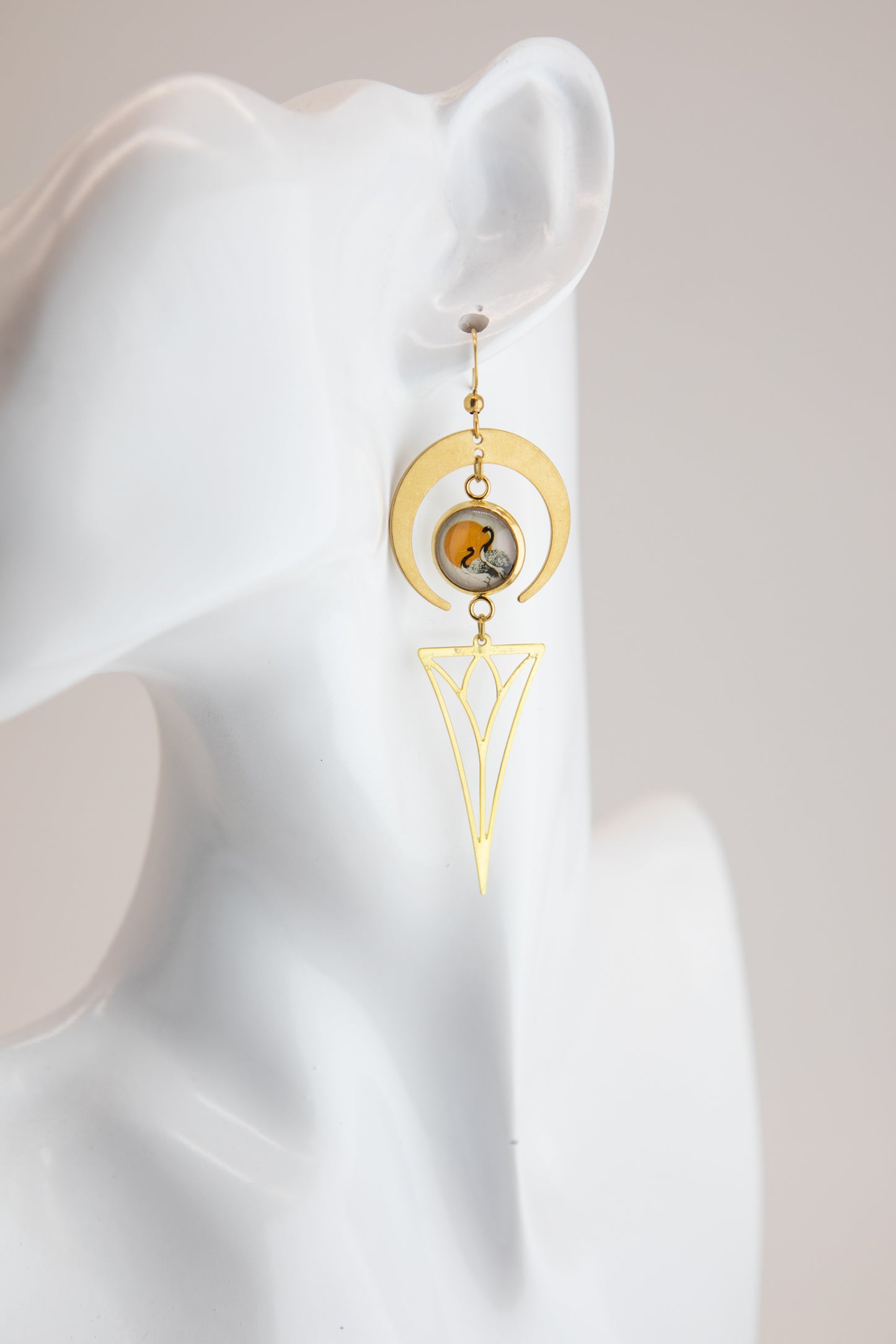 Sunset Cranes Art Nouveau Brass Earrings