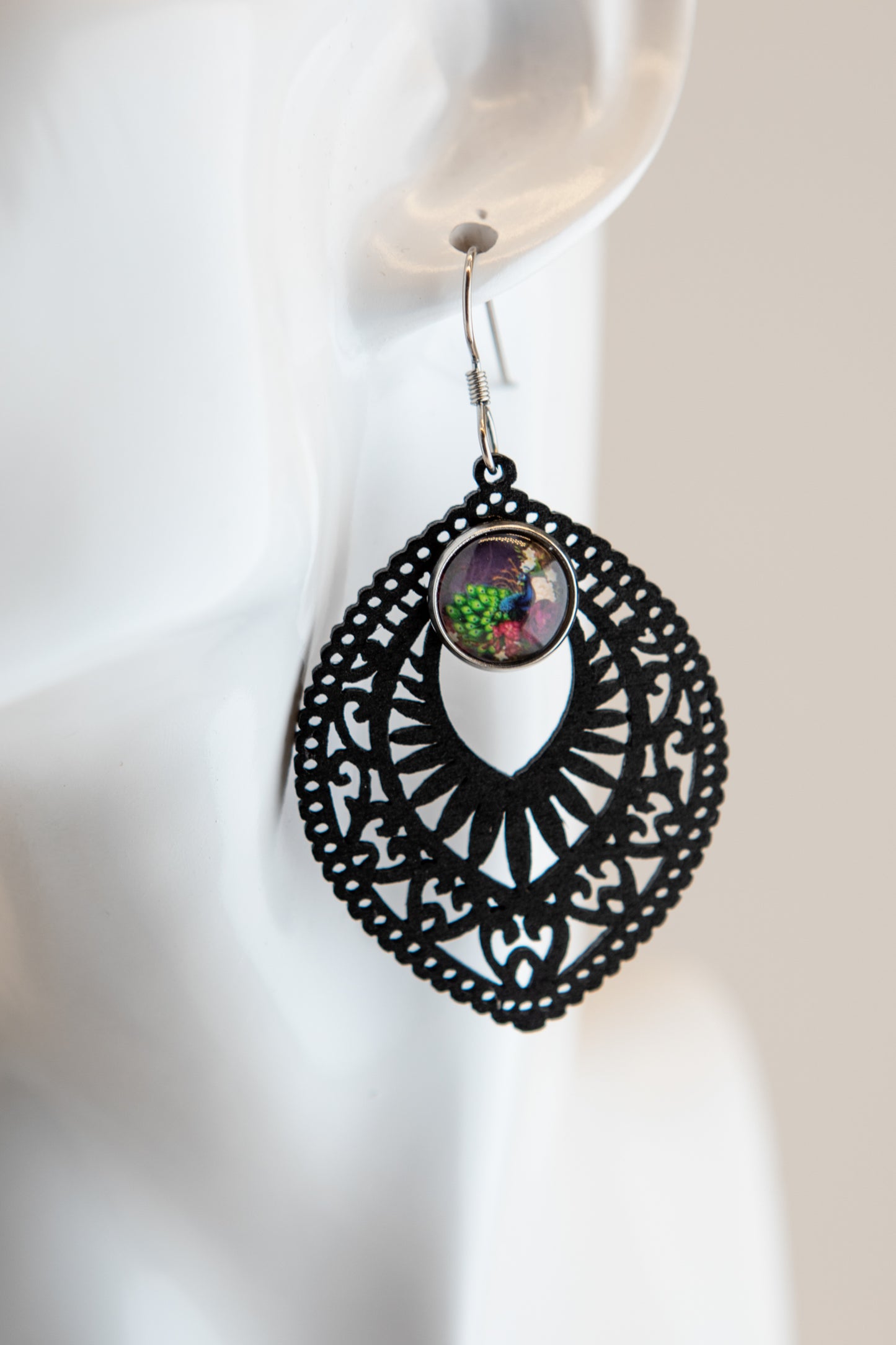 Plumb Peacock Wooden Earrings