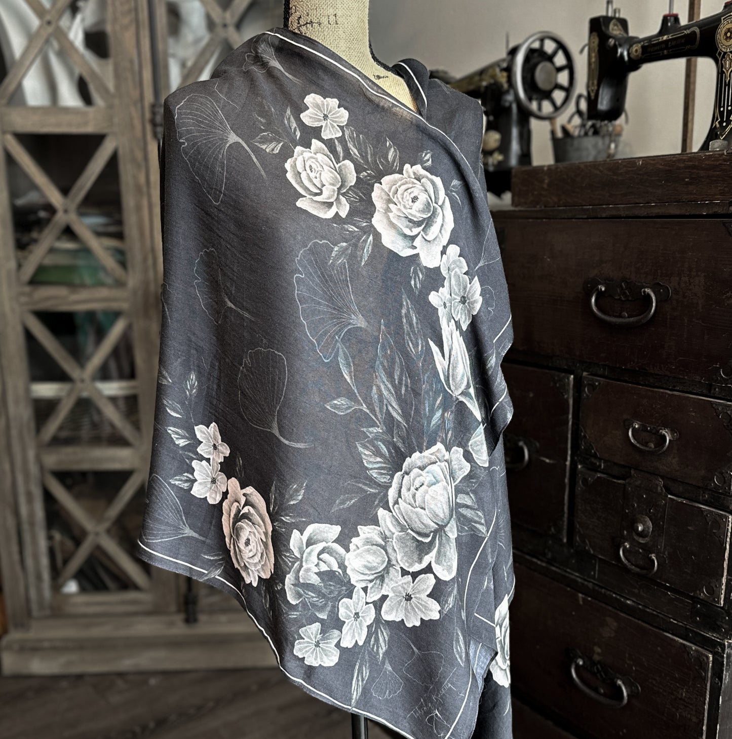 Black Floral - Rayon Scarf