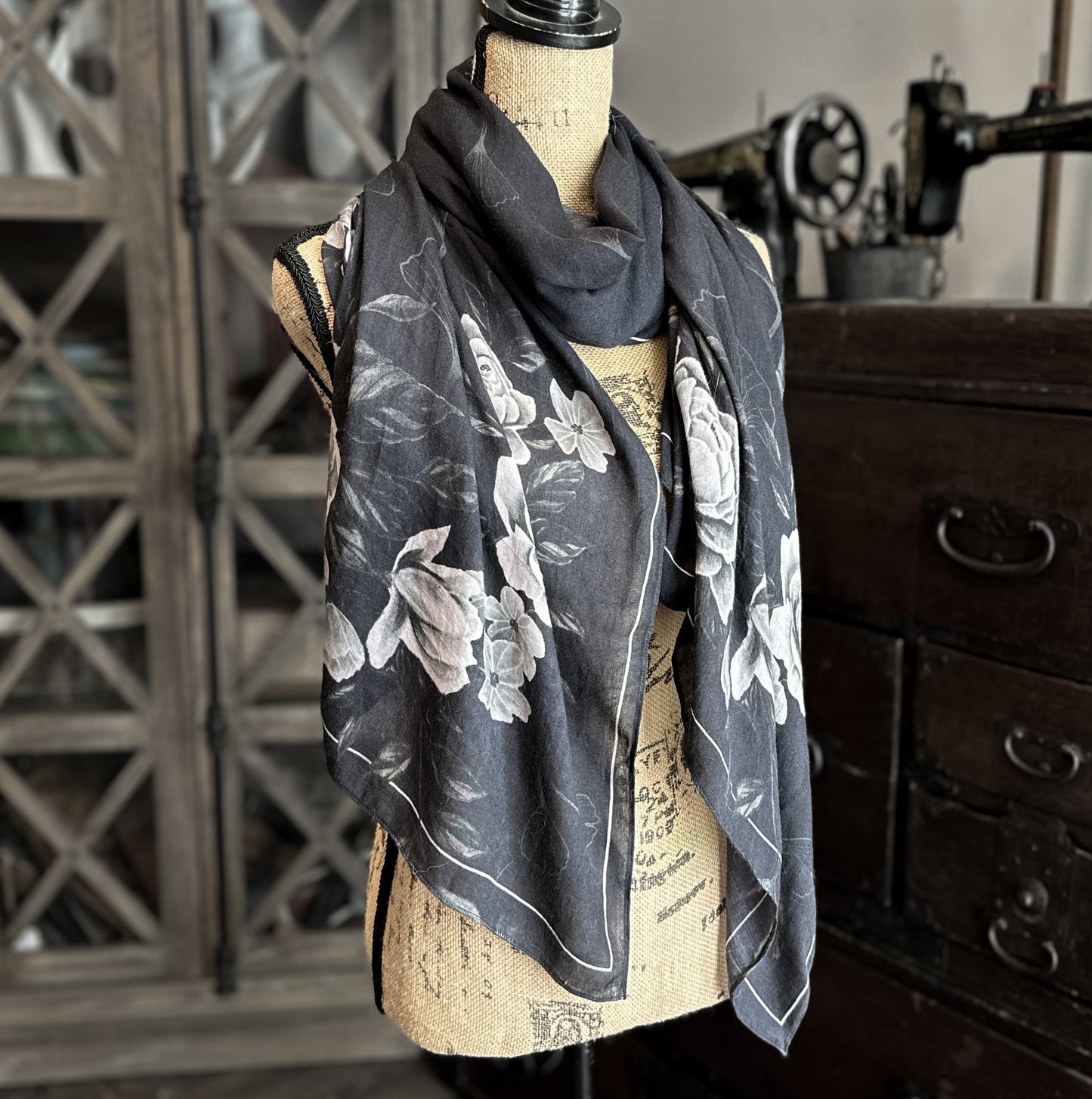 Black Floral - Rayon Scarf