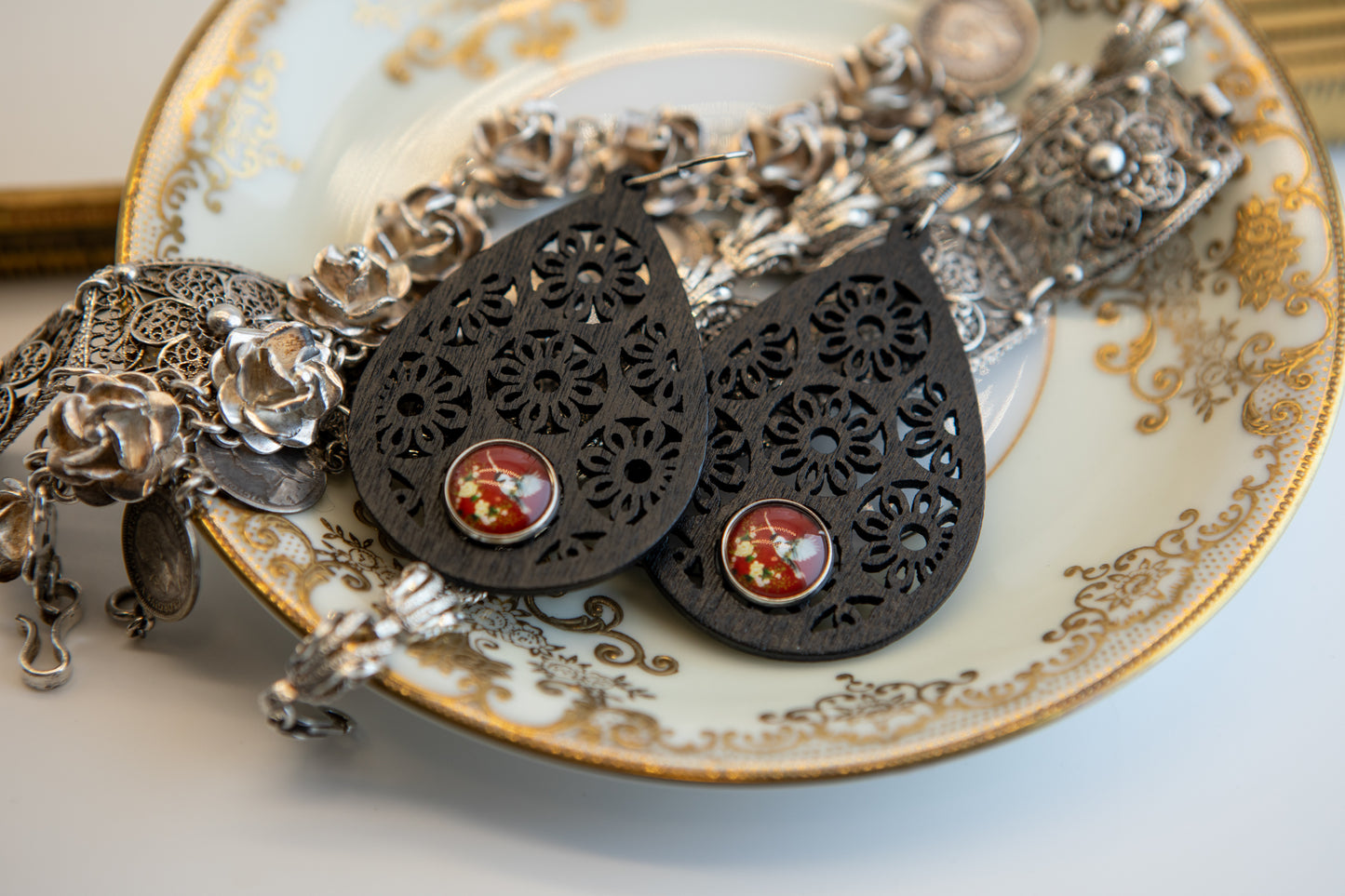 Chickadee in Red Wooden Earrings