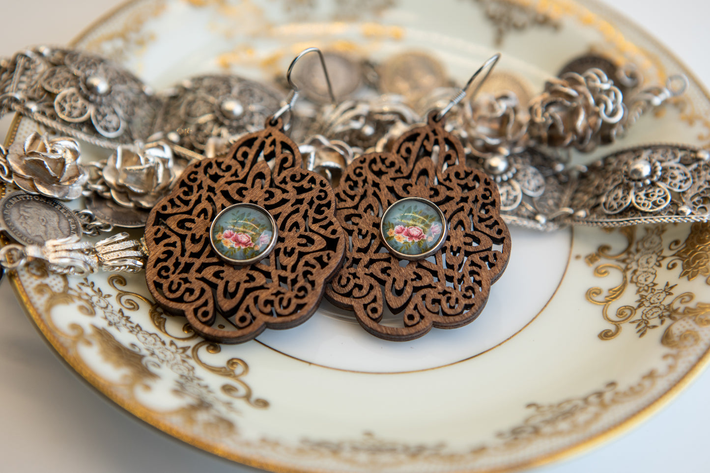 Pink Peonies in Blue Wooden Earrings