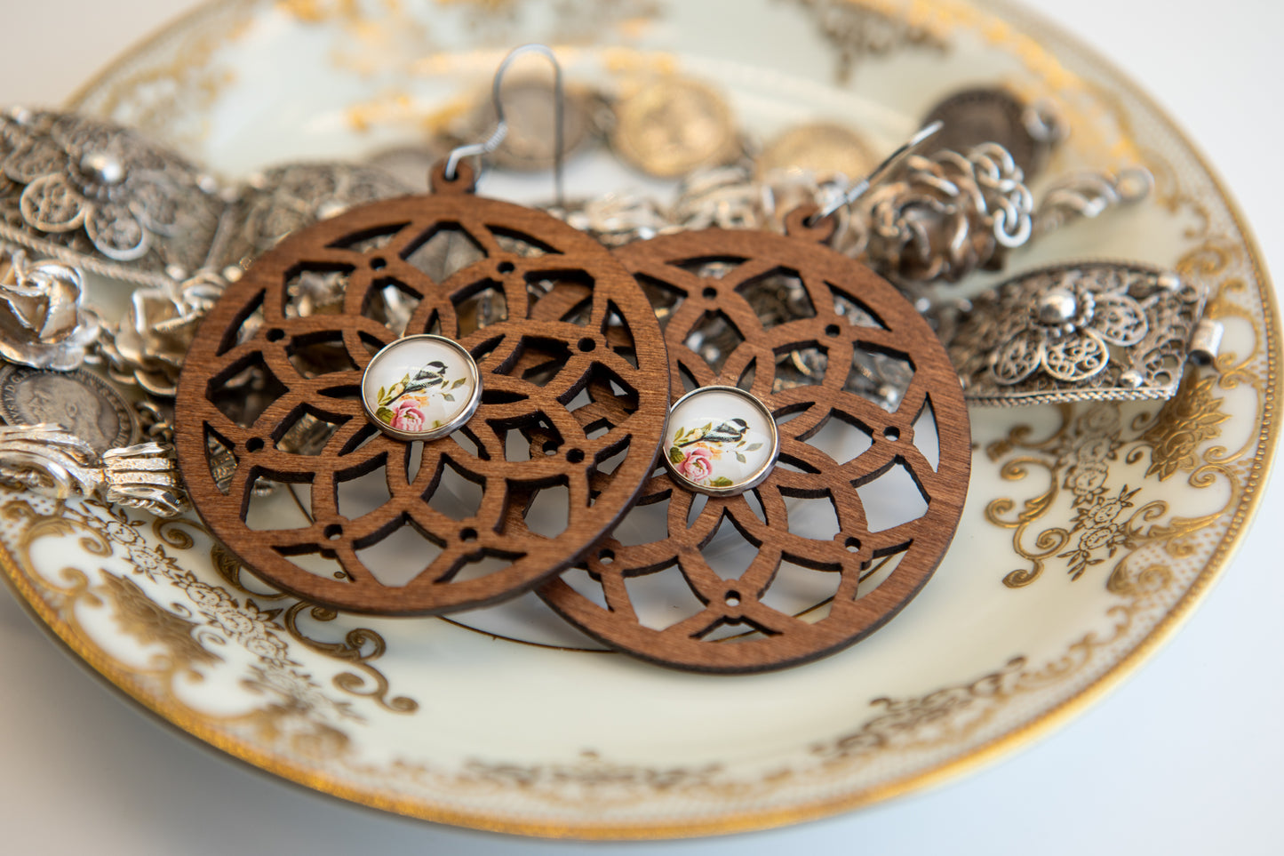 Floral Chickadee Wooden Earrings