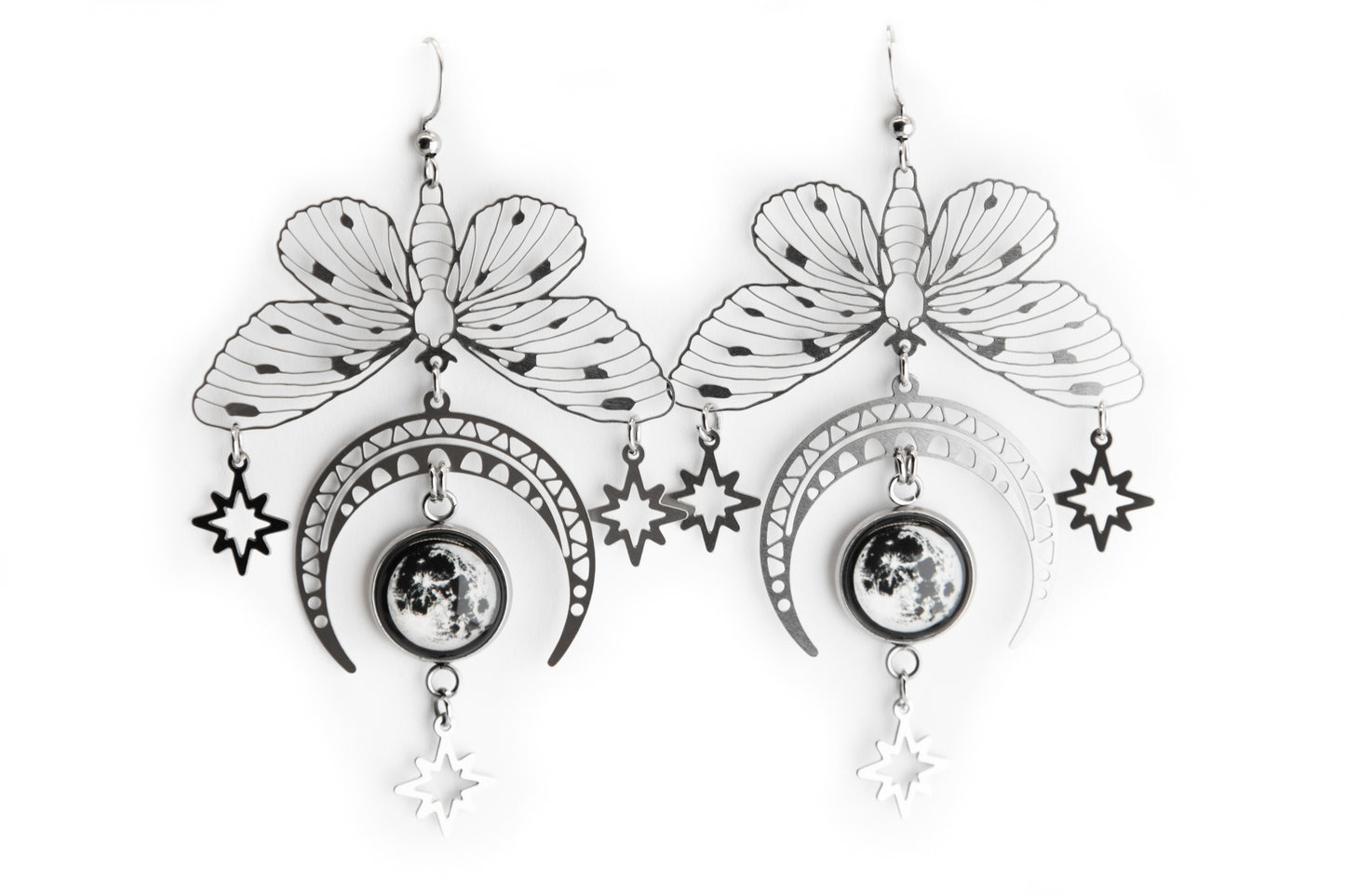 Greater Moth and Moon Art Nouveau Stainless Steel Earrings