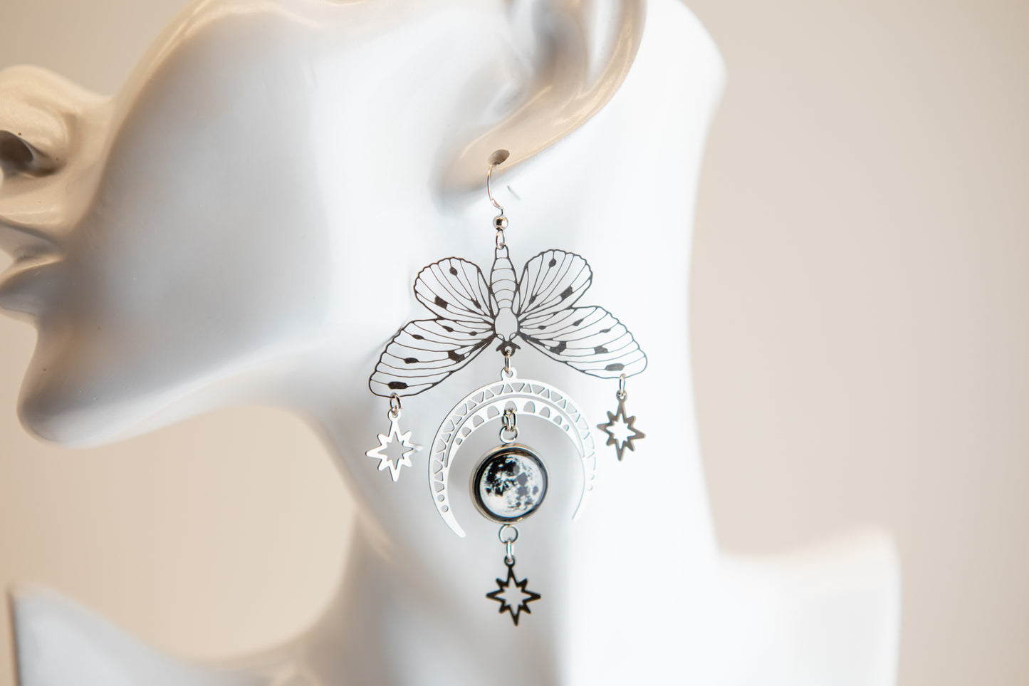 Greater Moth and Moon Art Nouveau Stainless Steel Earrings