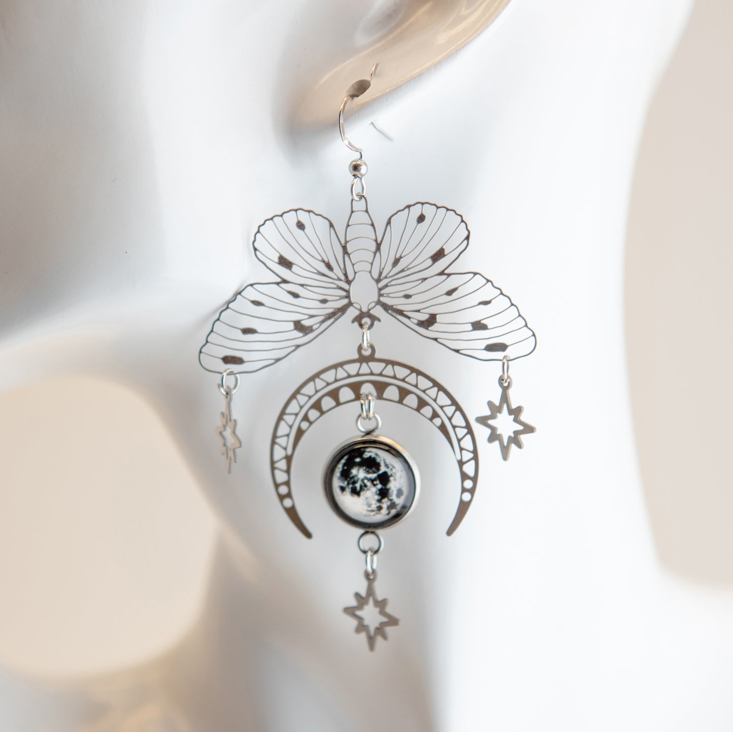 Greater Moth and Moon Art Nouveau Stainless Steel Earrings