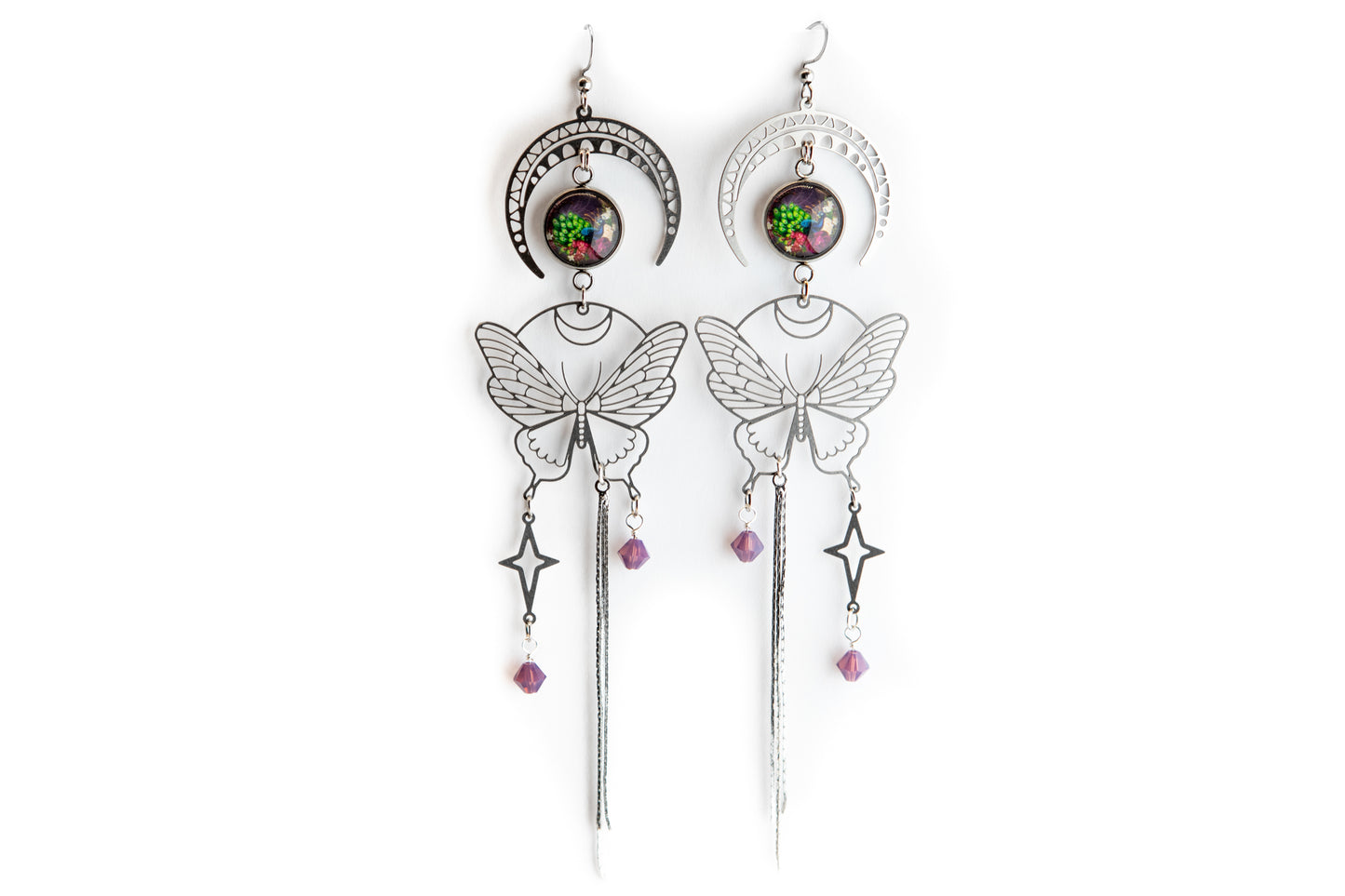 Butterflies and Peacocks Art Nouveau Stainless Steel Earrings