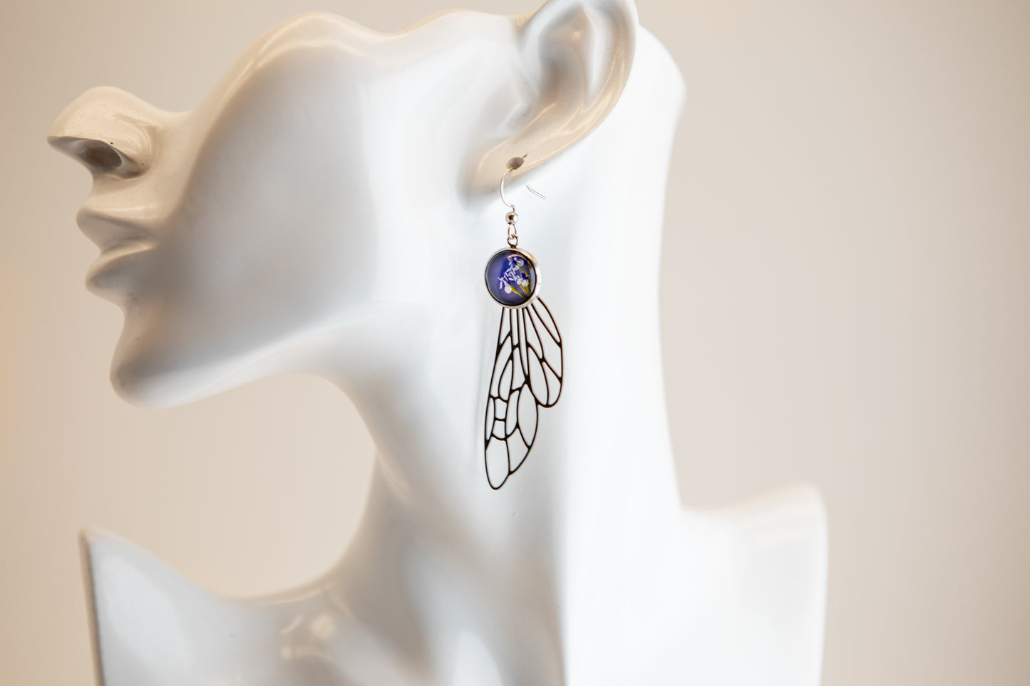 Dragonfly Wing and Irises Art Nouveau Stainless Steel Earrings