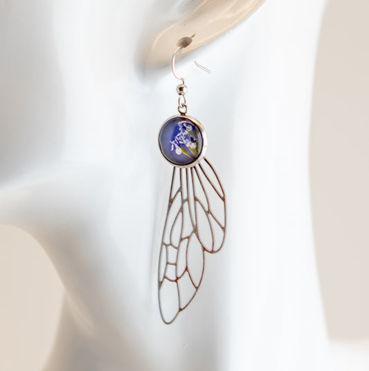 Dragonfly Wing and Irises Art Nouveau Stainless Steel Earrings