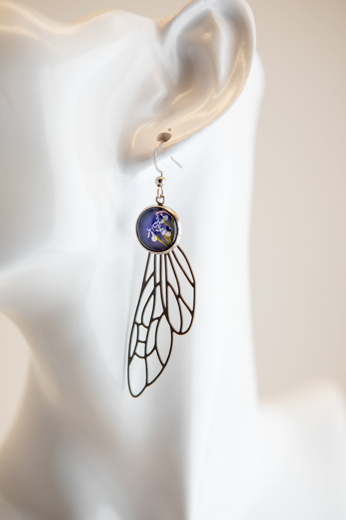 Dragonfly Wing and Irises Art Nouveau Stainless Steel Earrings