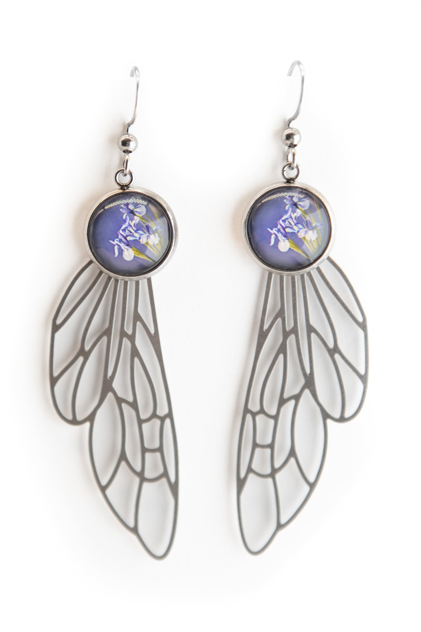 Dragonfly Wing and Irises Art Nouveau Stainless Steel Earrings