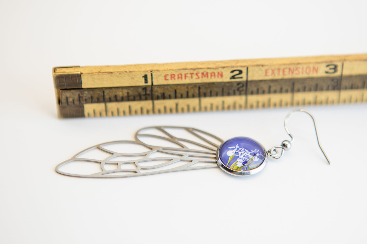 Dragonfly Wing and Irises Art Nouveau Stainless Steel Earrings