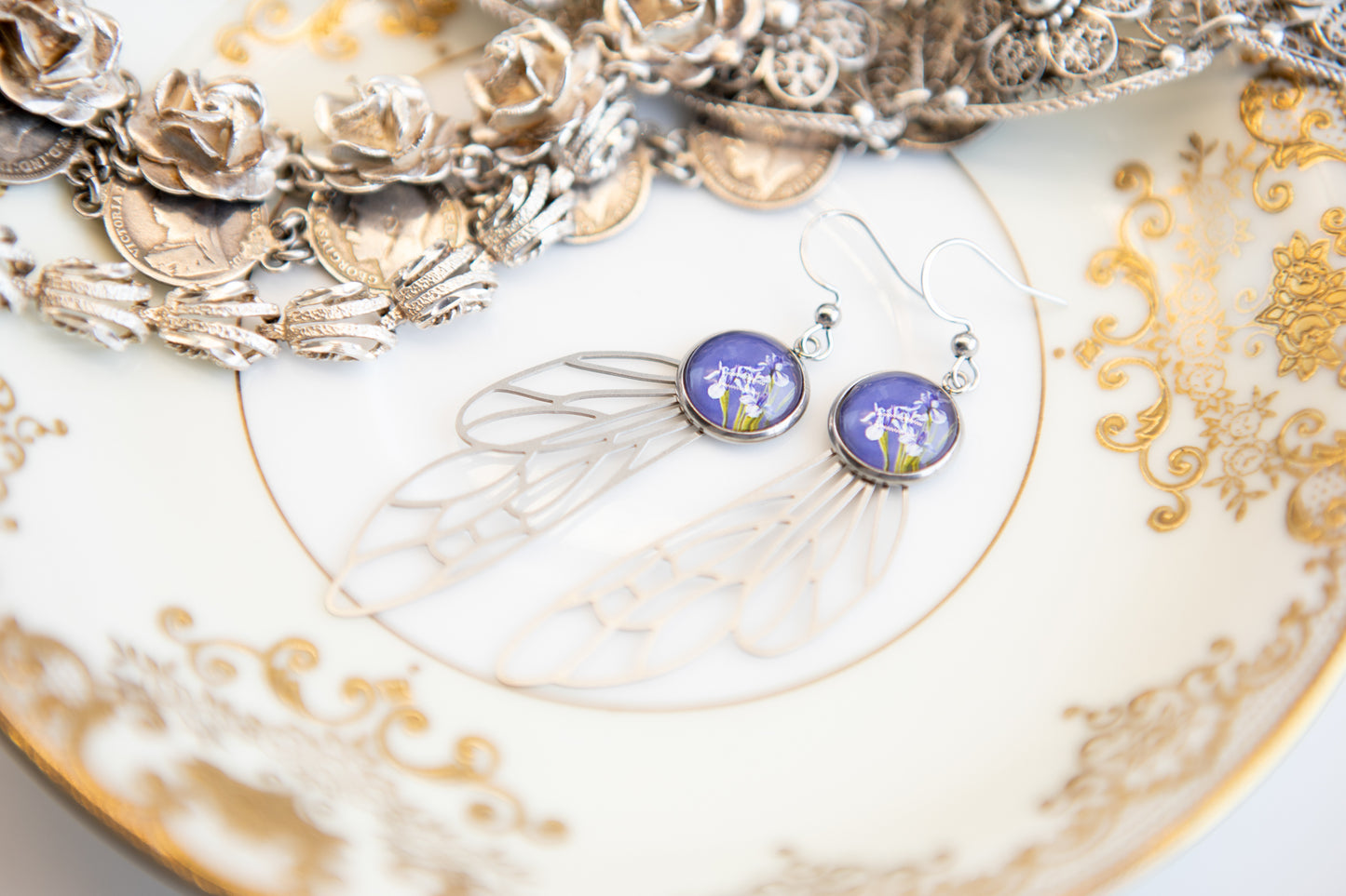 Dragonfly Wing and Irises Art Nouveau Stainless Steel Earrings