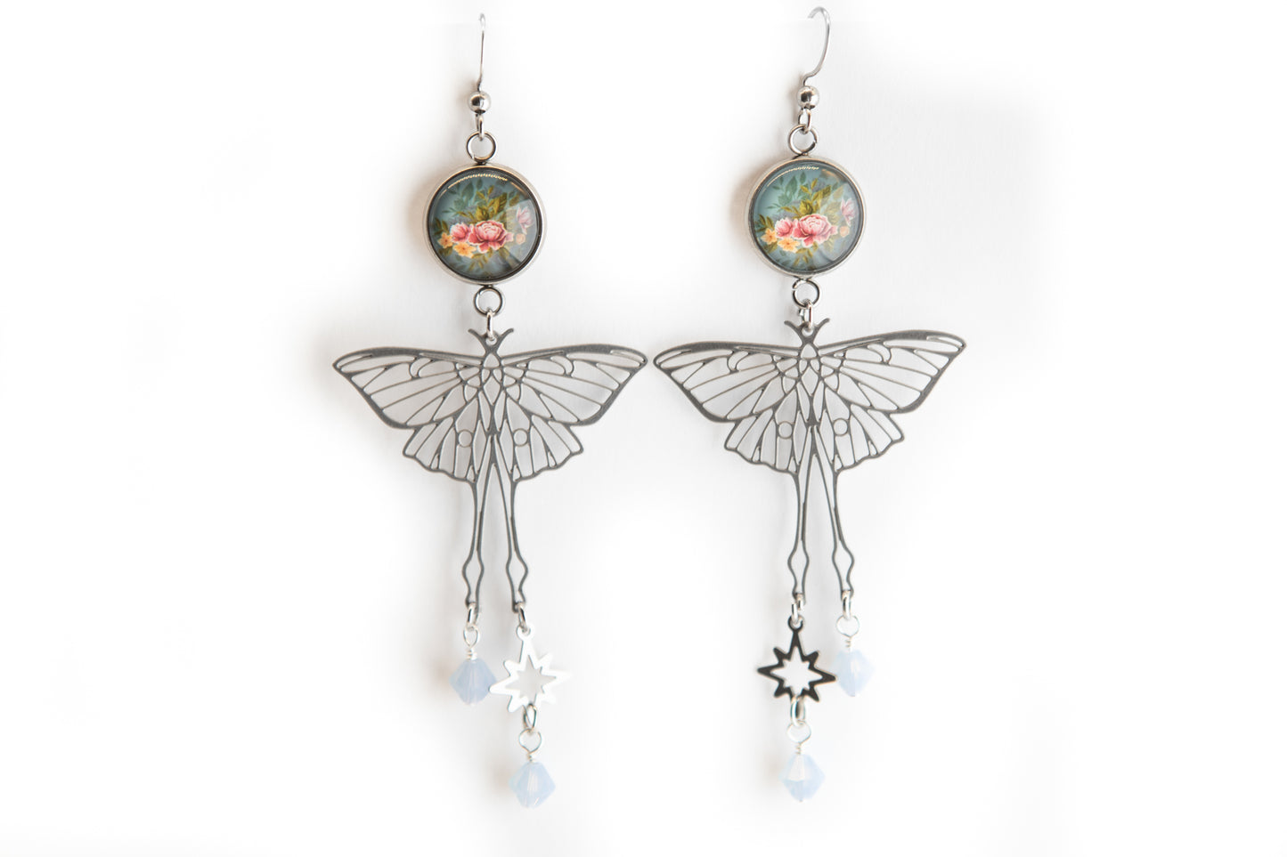 Butterflies and Flowers Art Nouveau Stainless Steel Earrings