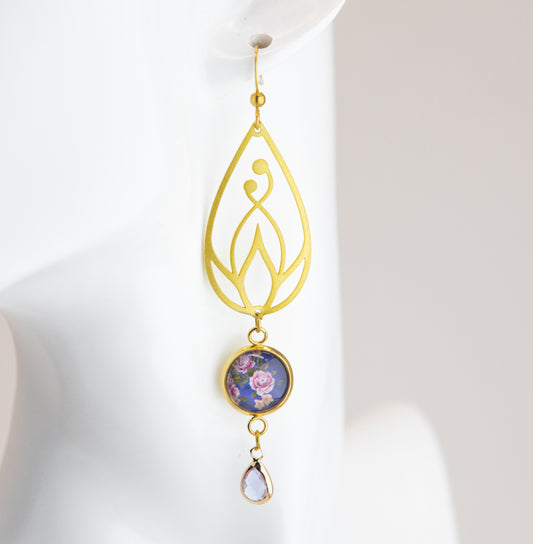 Periwinkle Dusk Art Nouveau Brass Earrings