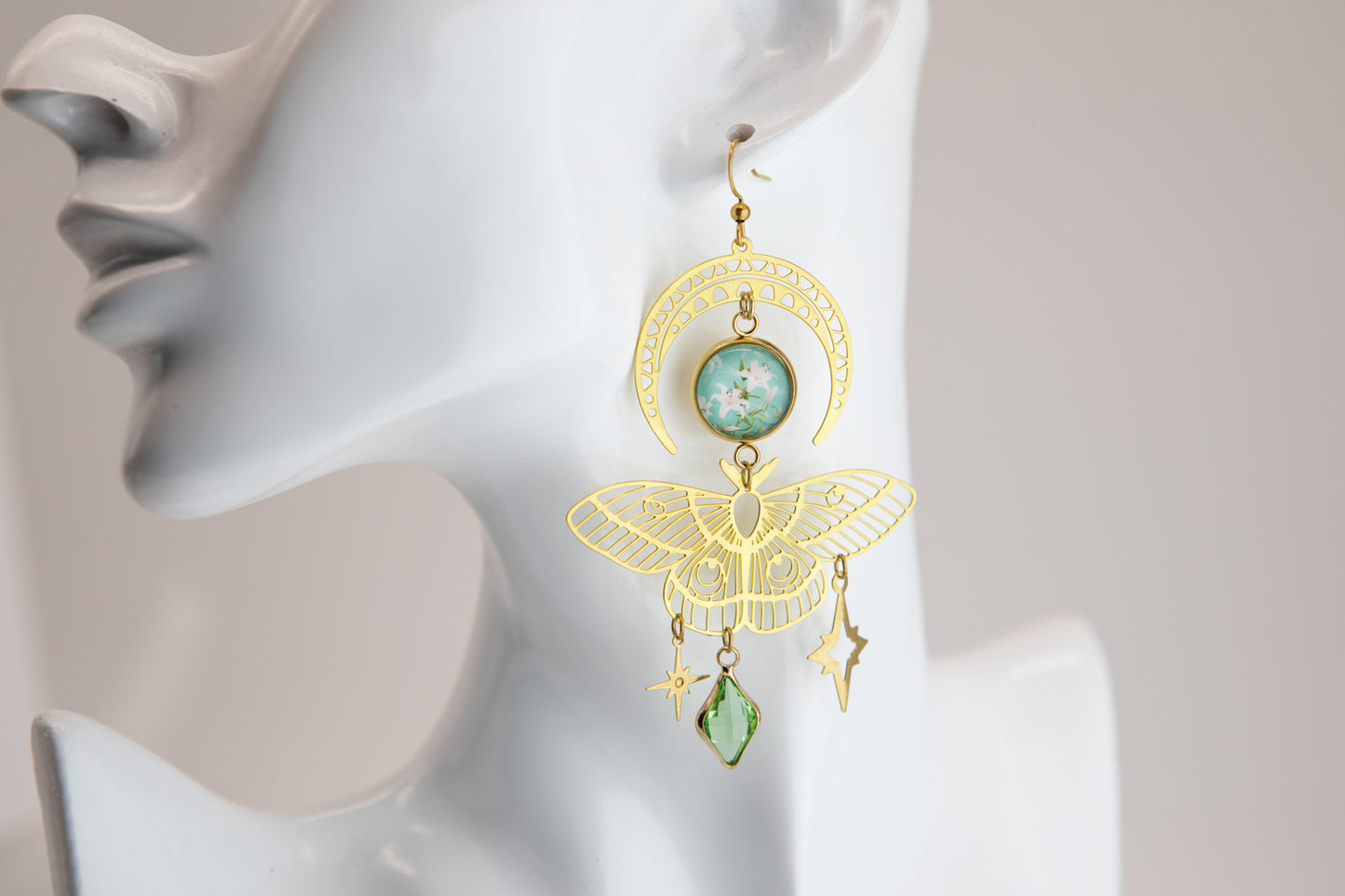 Butterfly Lilly Moon Art Nouveau Brass Earrings