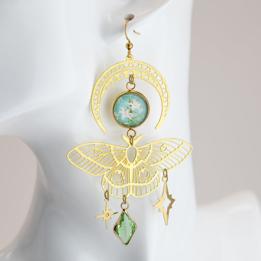 Butterfly Lilly Moon Art Nouveau Brass Earrings