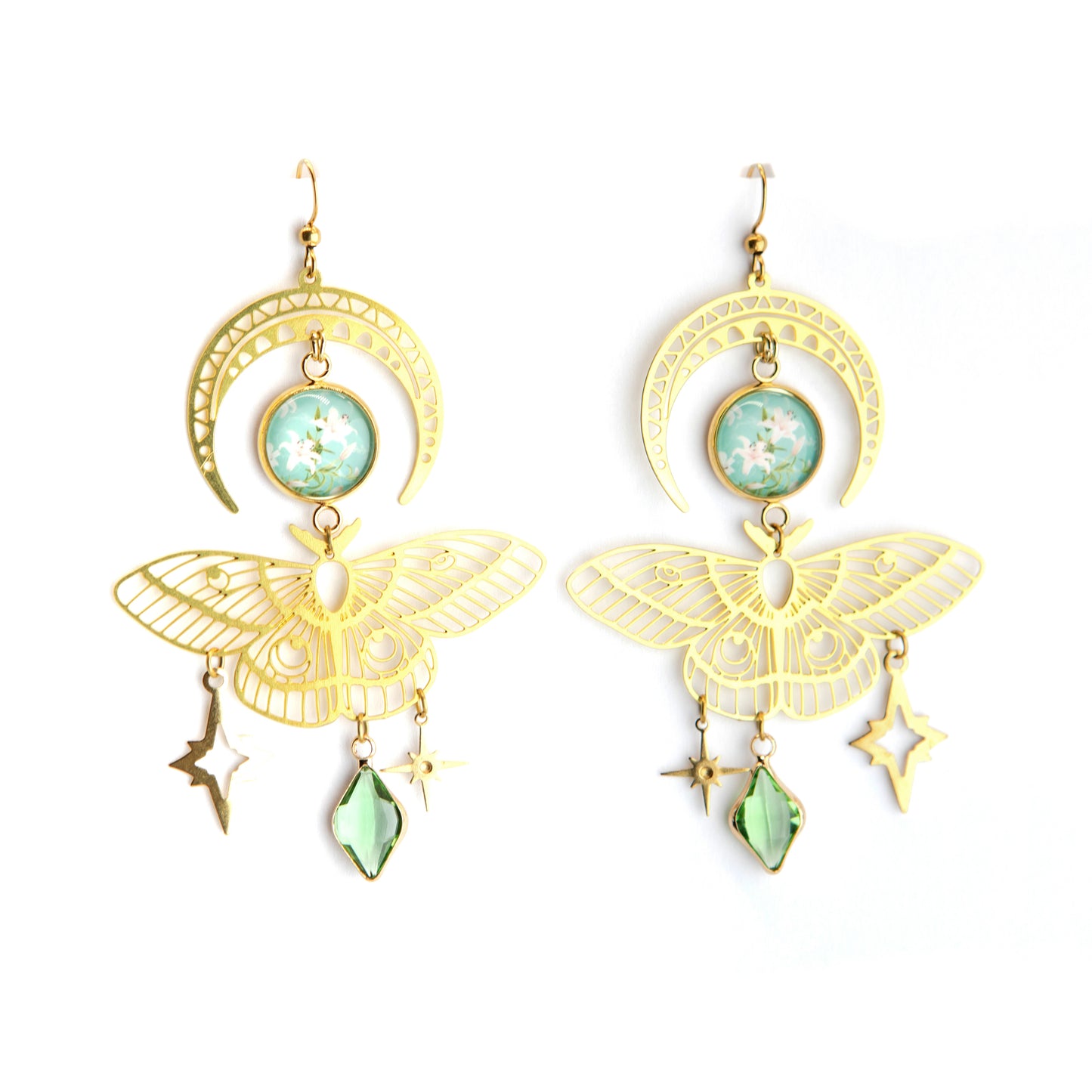 Butterfly Lilly Moon Art Nouveau Brass Earrings