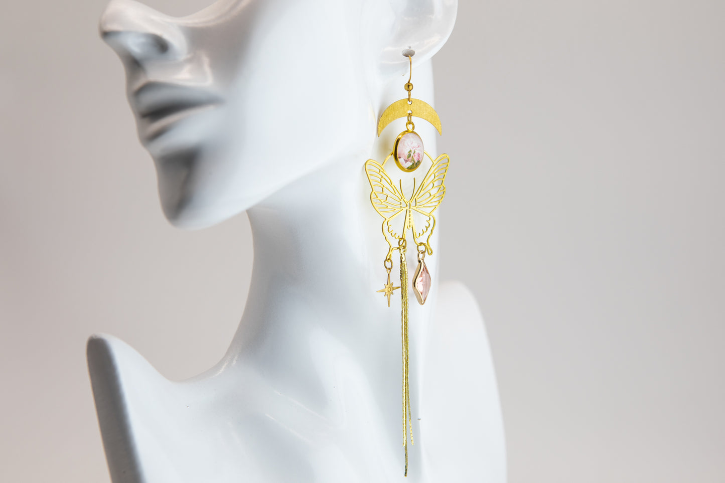 Pink Rose Transcendent Butterfly Art Nouveau Brass Earrings