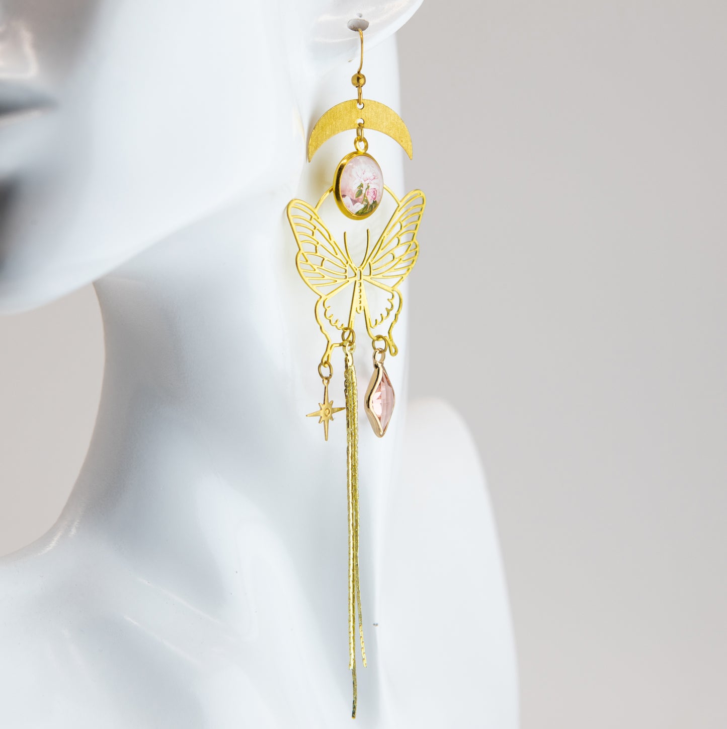 Pink Rose Transcendent Butterfly Art Nouveau Brass Earrings