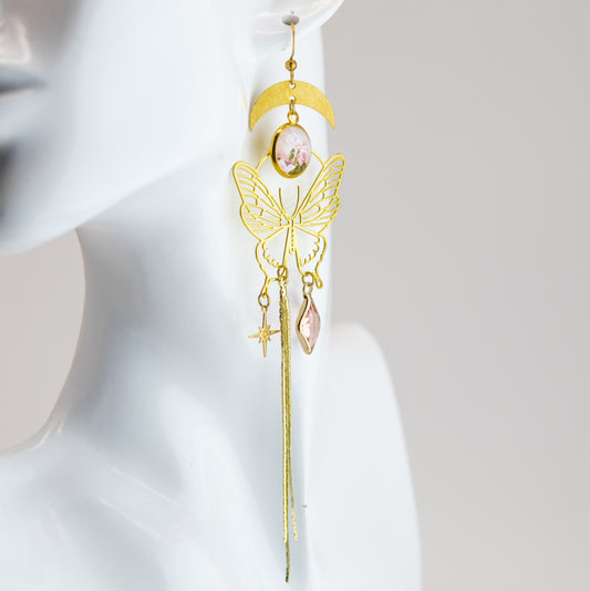 Pink Rose Transcendent Butterfly Art Nouveau Brass Earrings