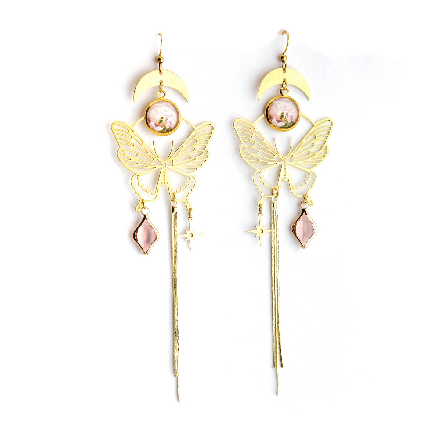 Pink Rose Transcendent Butterfly Art Nouveau Brass Earrings