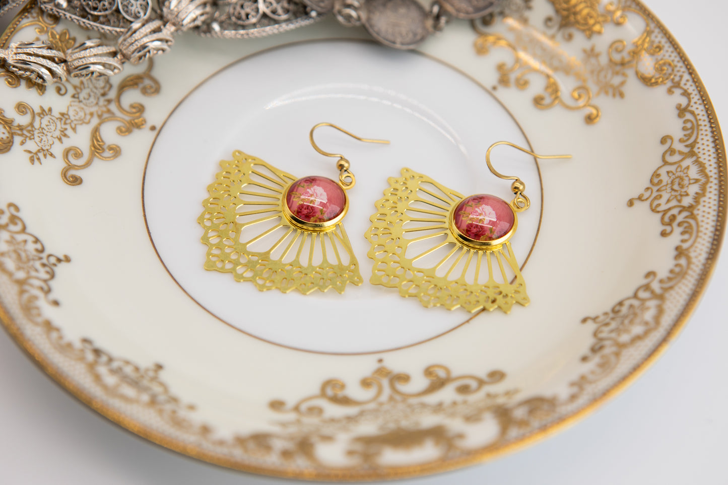 Coral Sunset Fan Art Nouveau Brass Earrings