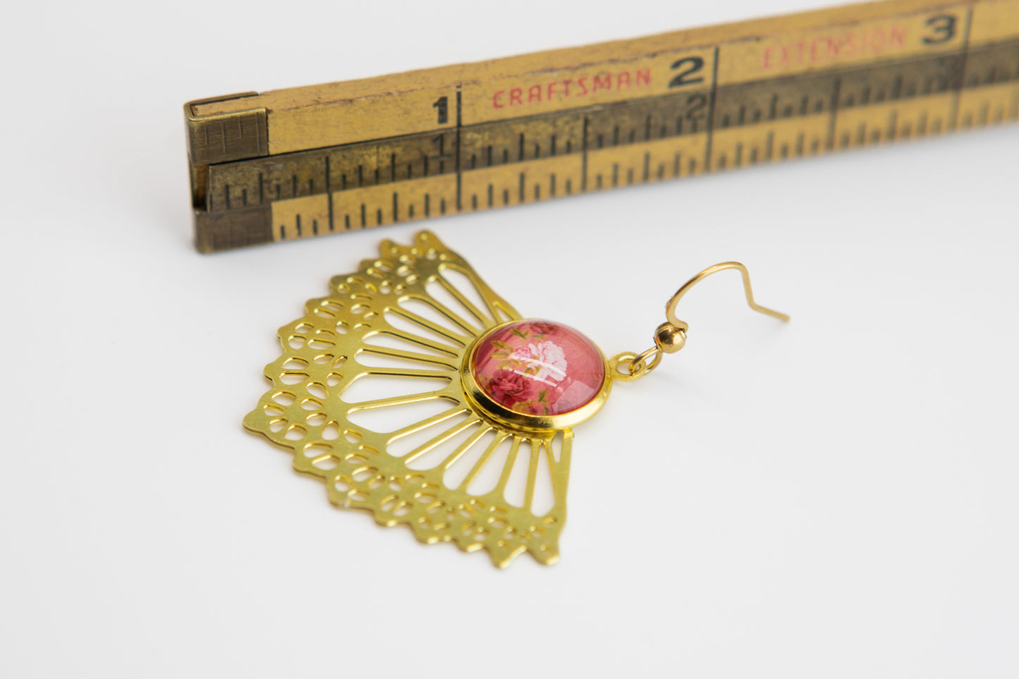 Coral Sunset Fan Art Nouveau Brass Earrings