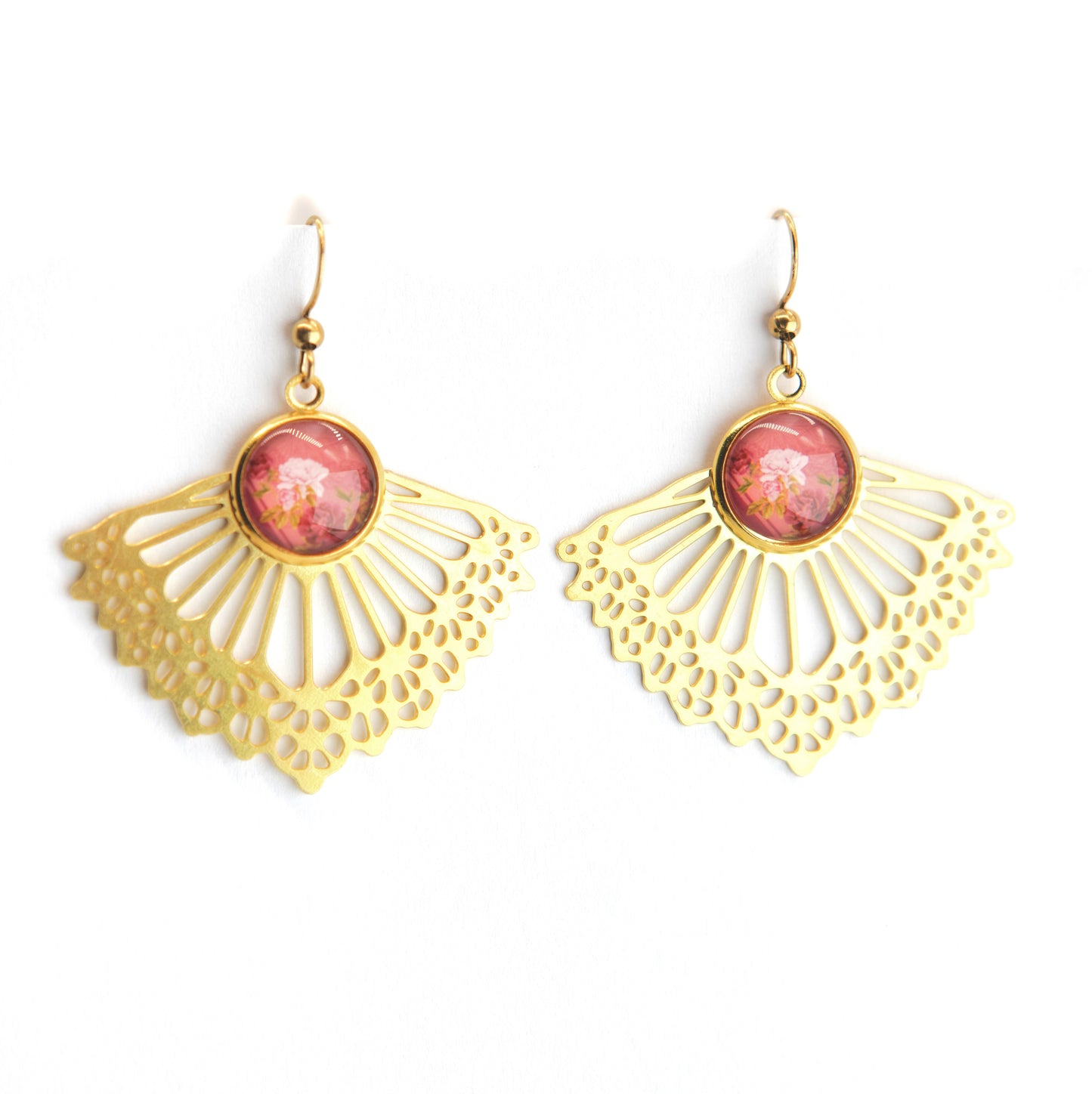 Coral Sunset Fan Art Nouveau Brass Earrings