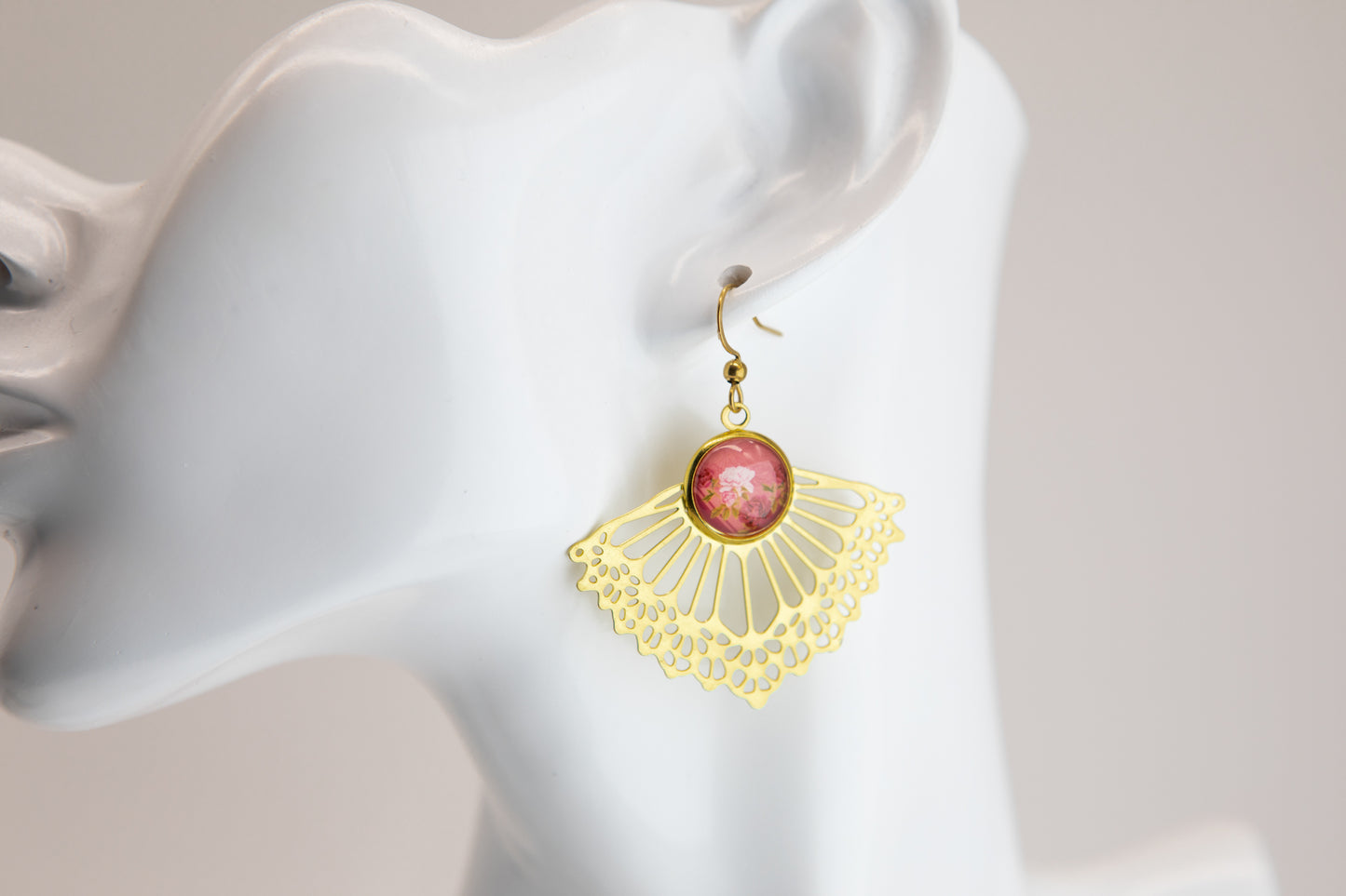 Coral Sunset Fan Art Nouveau Brass Earrings