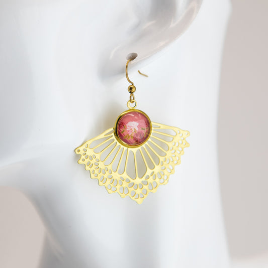 Coral Sunset Fan Art Nouveau Brass Earrings