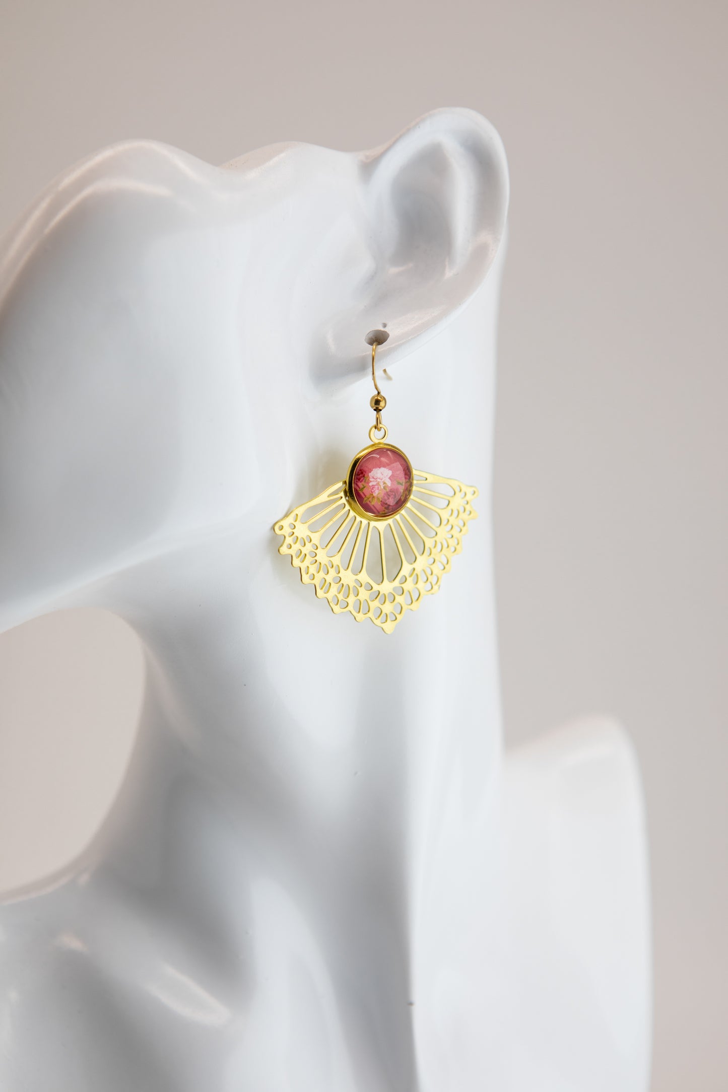 Coral Sunset Fan Art Nouveau Brass Earrings