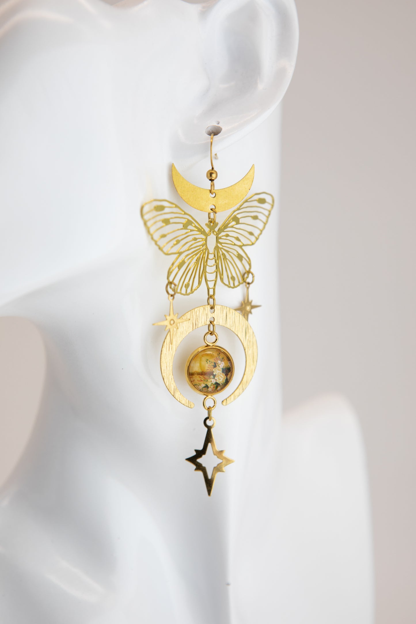 Floral Sunset Butterfly Art Nouveau Brass Earrings