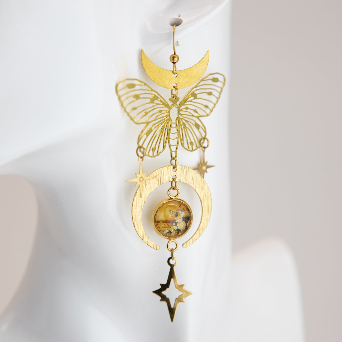 Floral Sunset Butterfly Art Nouveau Brass Earrings