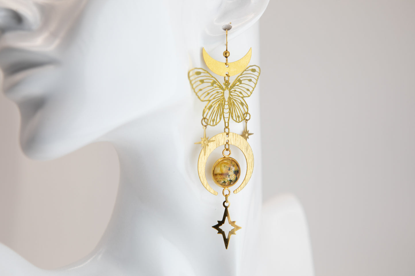 Floral Sunset Butterfly Art Nouveau Brass Earrings