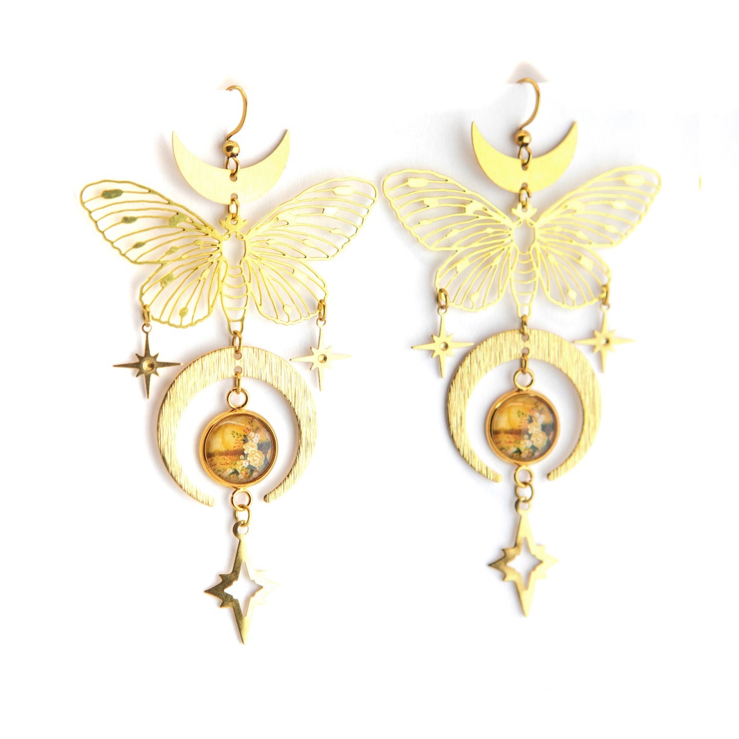 Floral Sunset Butterfly Art Nouveau Brass Earrings