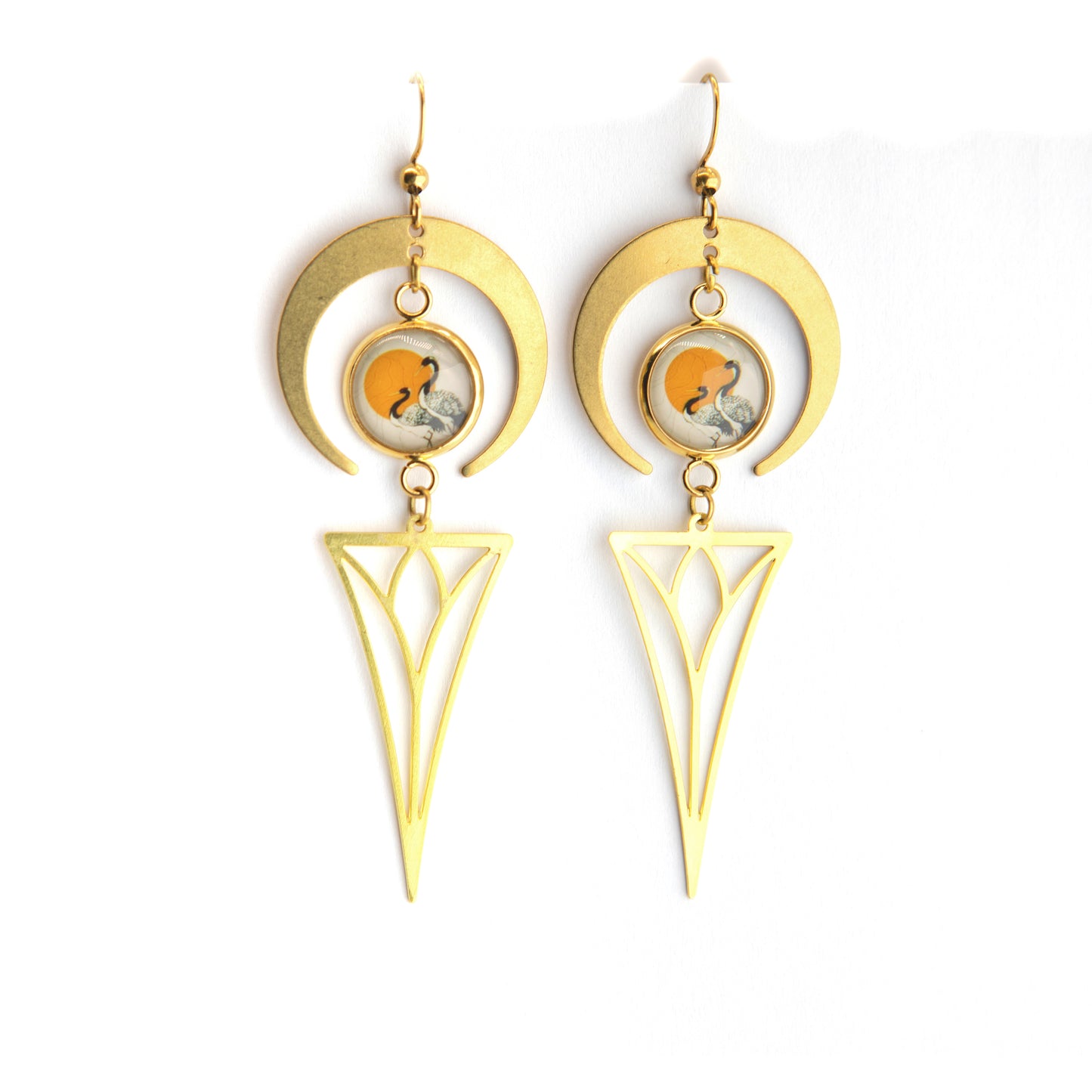 Sunset Cranes Art Nouveau Brass Earrings