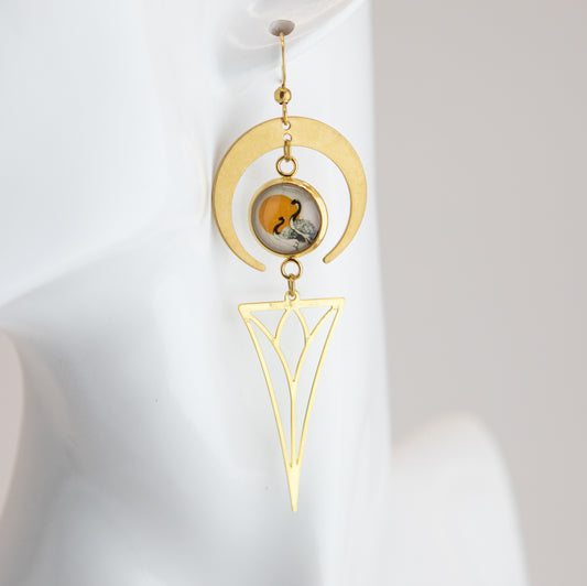 Sunset Cranes Art Nouveau Brass Earrings