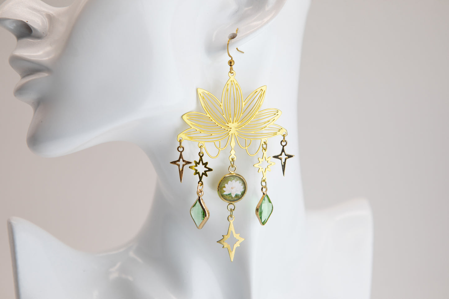 Grande Water Lilly Art Nouveau Brass Earrings