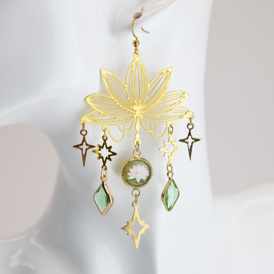 Grande Water Lilly Art Nouveau Brass Earrings