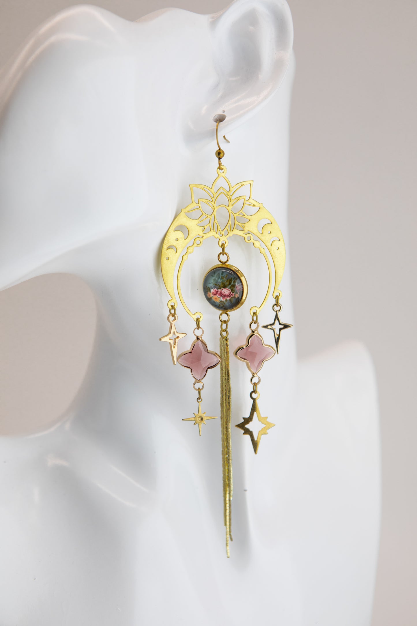 Decadent Floral Moon Art Nouveau Brass Earrings