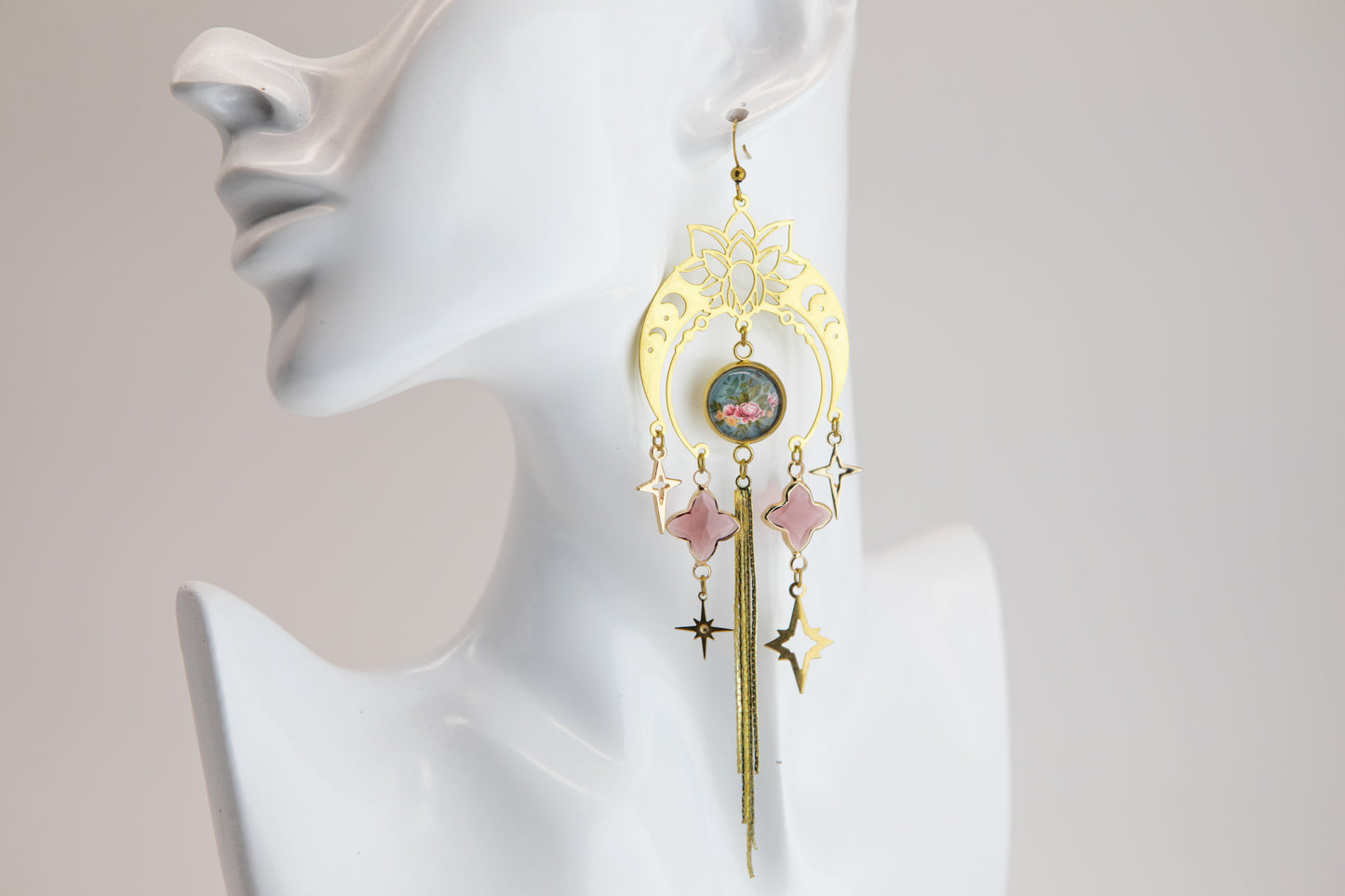 Decadent Floral Moon Art Nouveau Brass Earrings