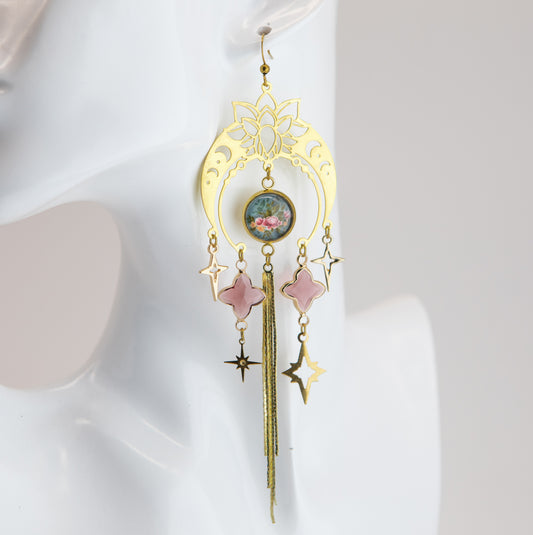 Decadent Floral Moon Art Nouveau Brass Earrings