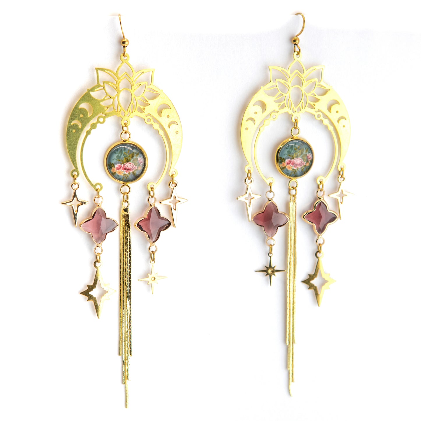 Decadent Floral Moon Art Nouveau Brass Earrings