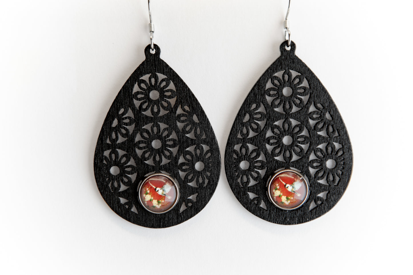 Chickadee in Red Wooden Earrings