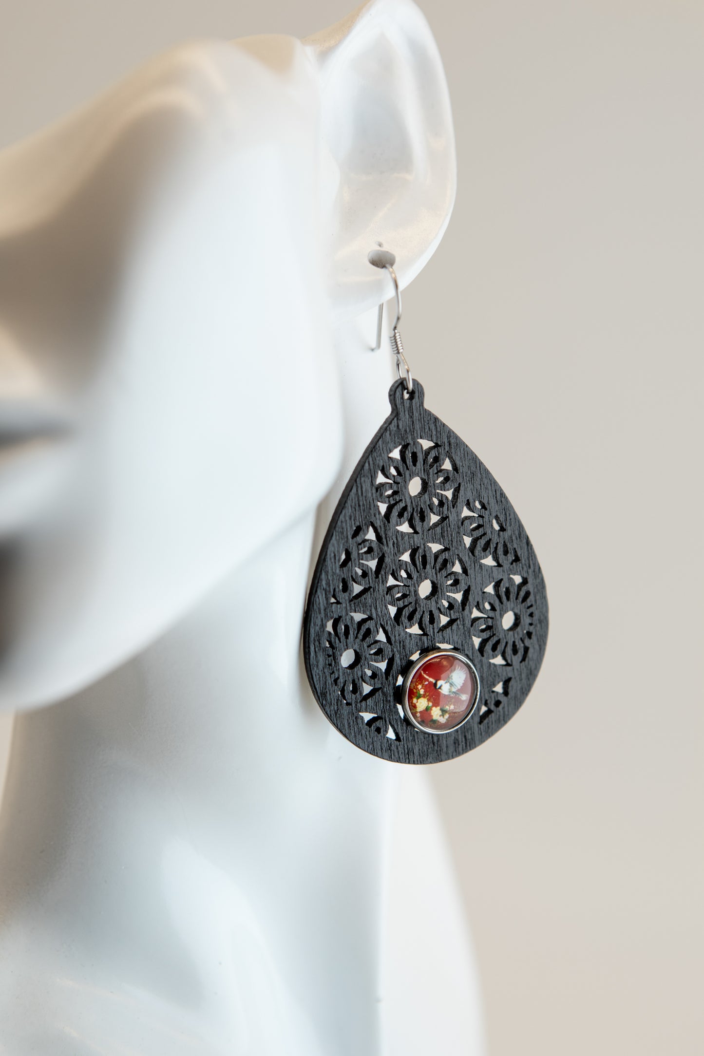 Chickadee in Red Wooden Earrings