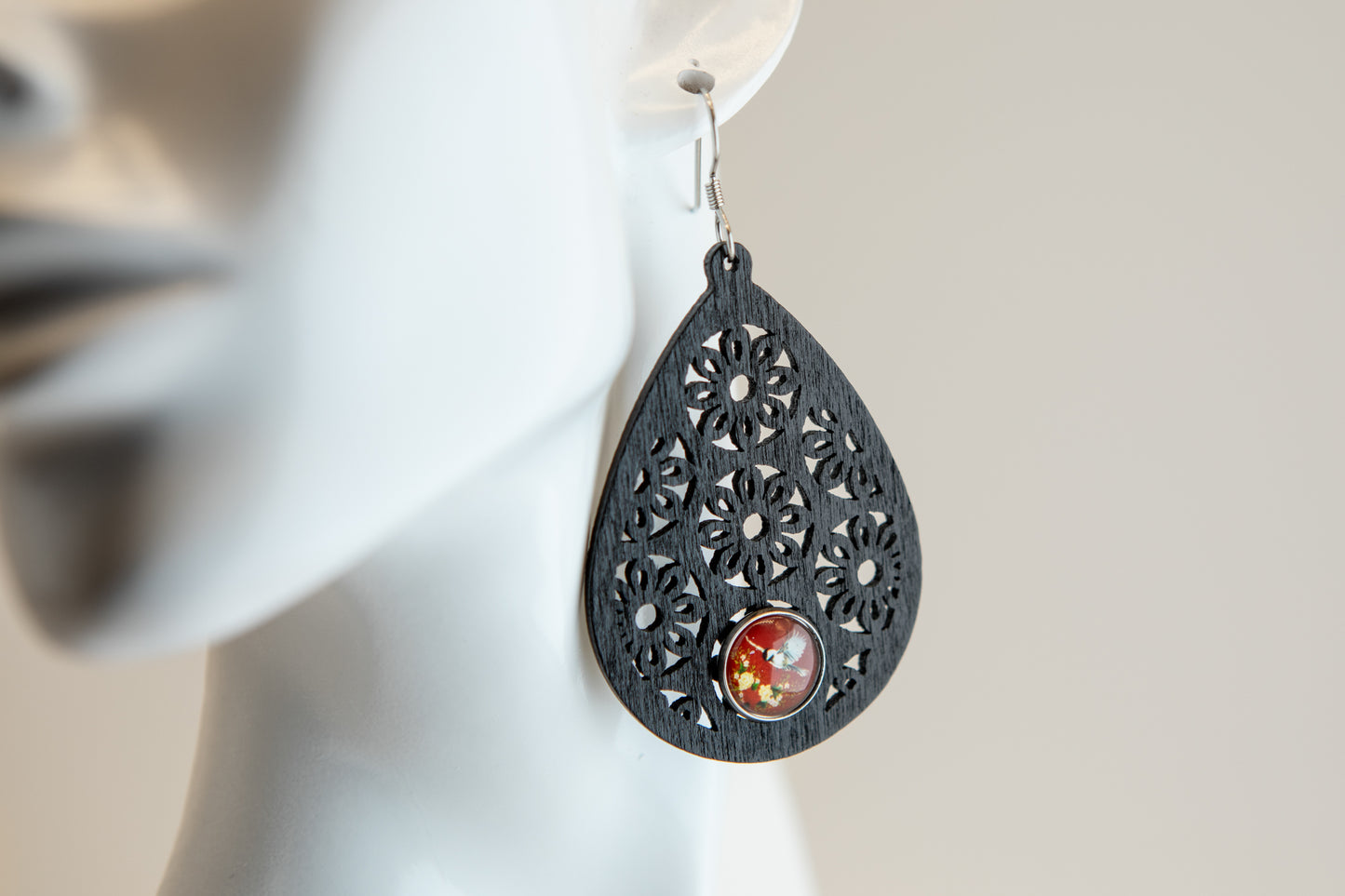 Chickadee in Red Wooden Earrings