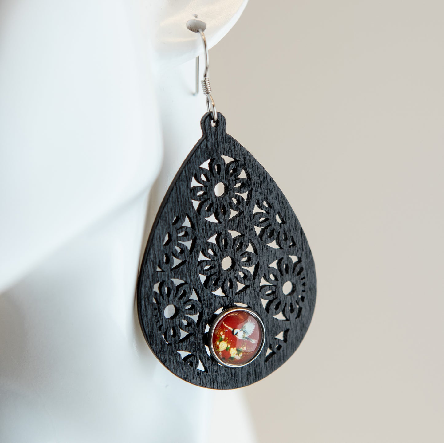 Chickadee in Red Wooden Earrings